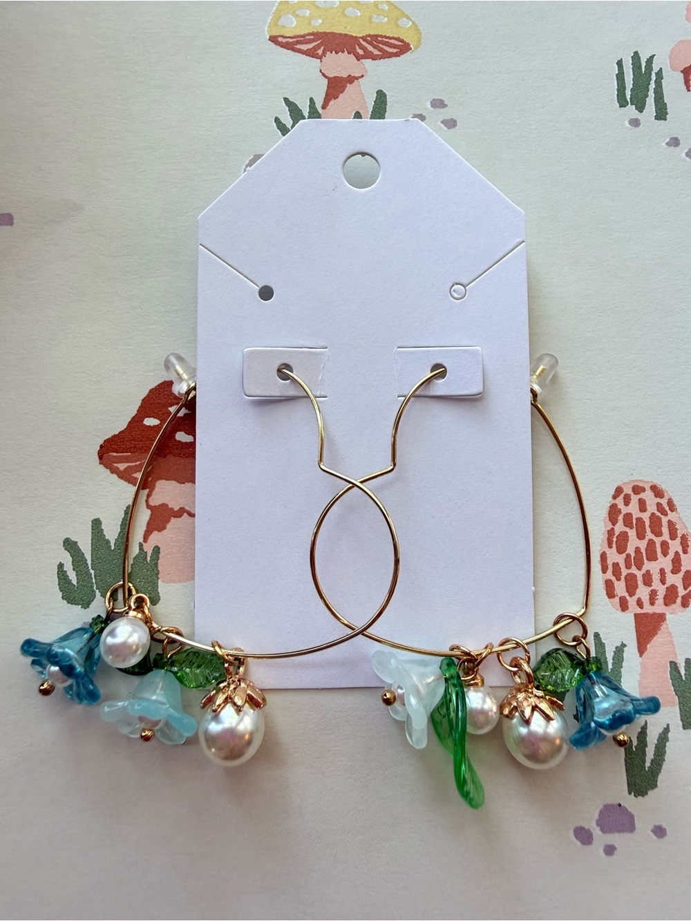 Gold Hoop Earrings with Blue & Green Floral Charms and Pearl Drops